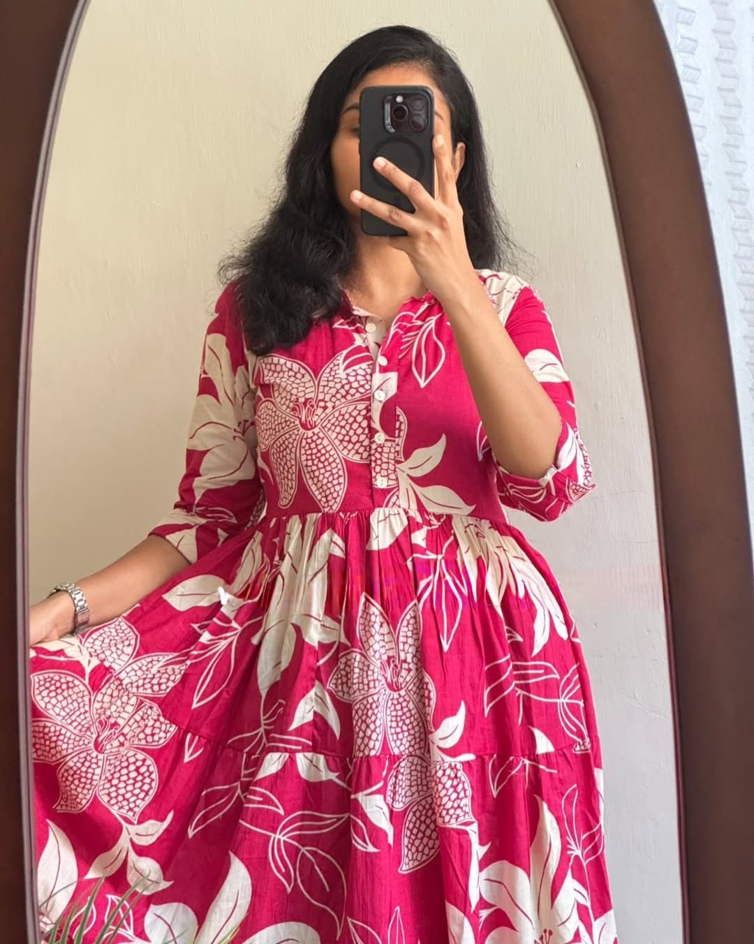 Pink Printed Cotton Midi Gown Dress